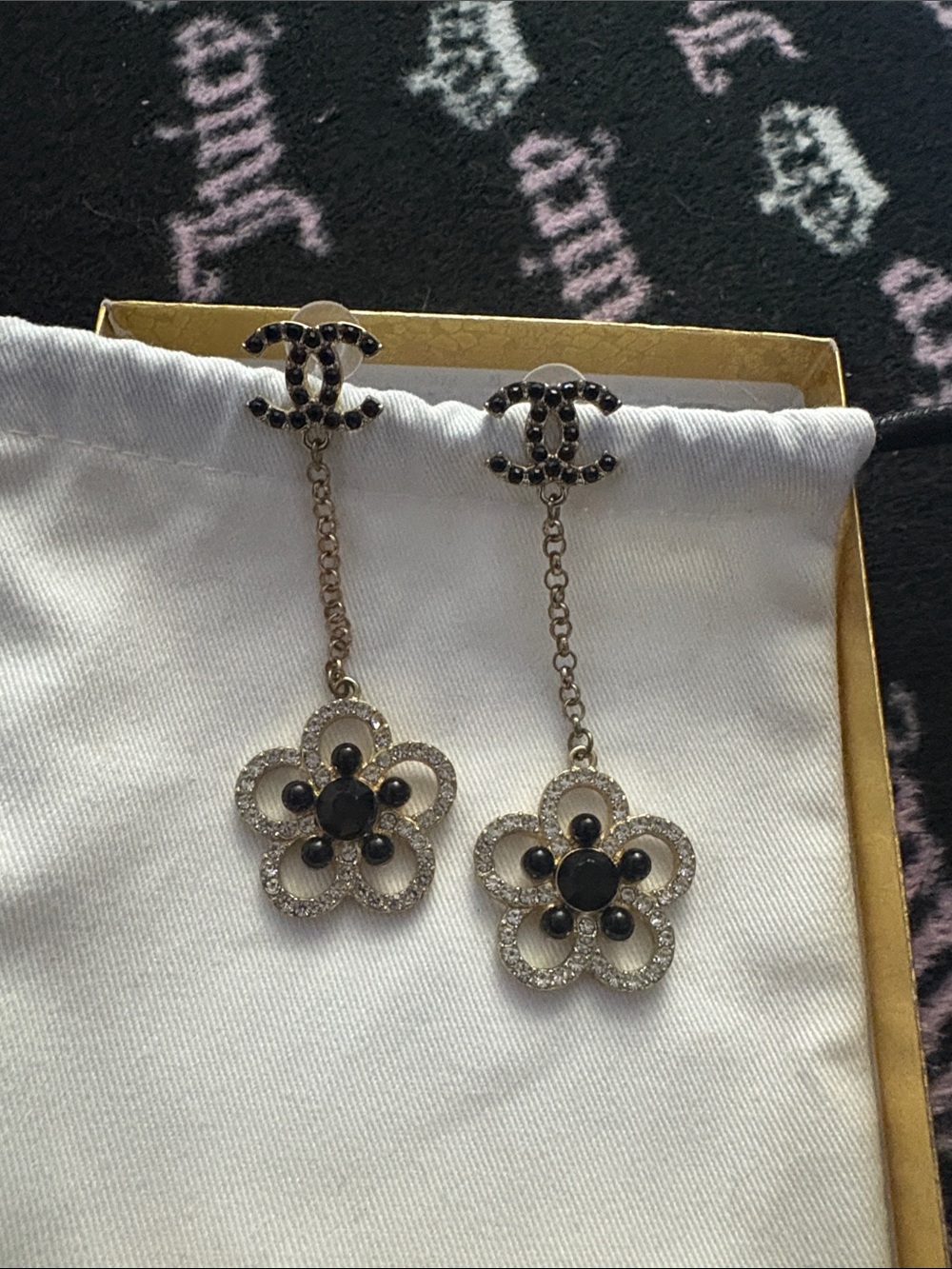 CC Black and Gold Flower Drop Earrings